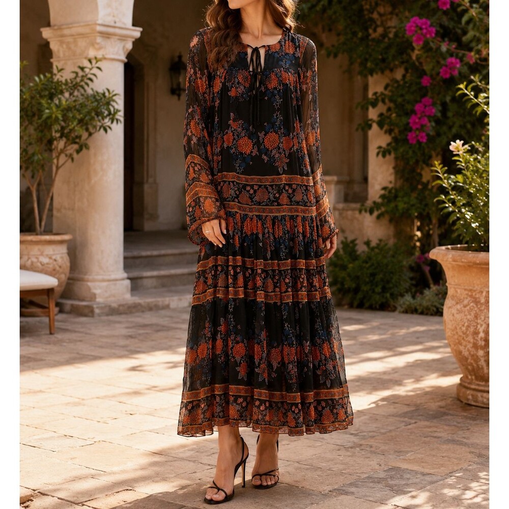 Mes Demoiselles Paris Floral Printed Maxi Dress Long Sleeves Flowy M-40 289698